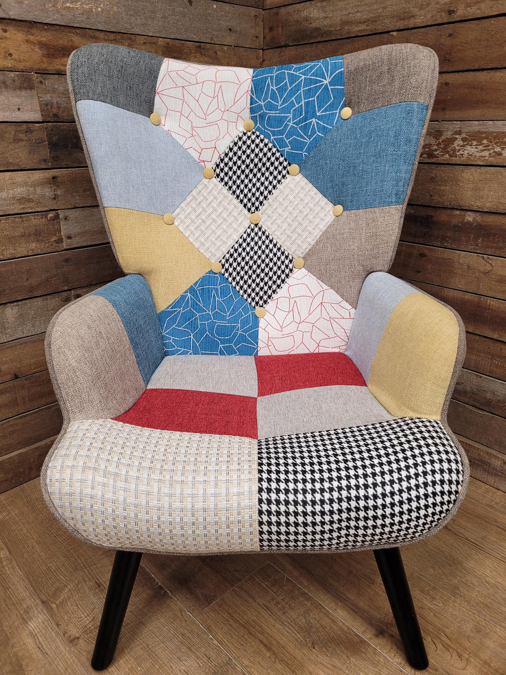 Pair Patchwork Fabric Wingback Armchairs With Matching Footstools Accent Chairs