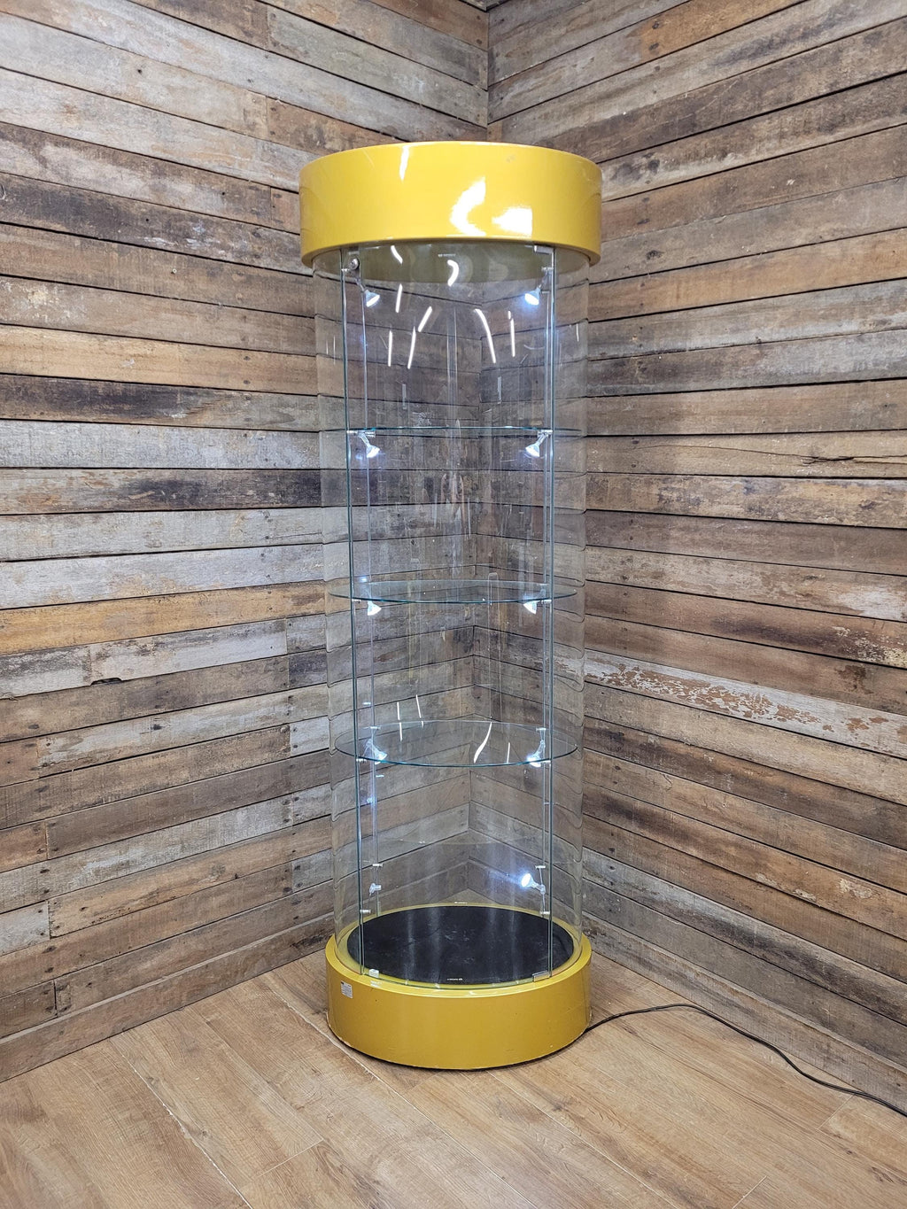 Vintage Glass Display Cabinet Illuminated Curved Lockable On Casters Yellow