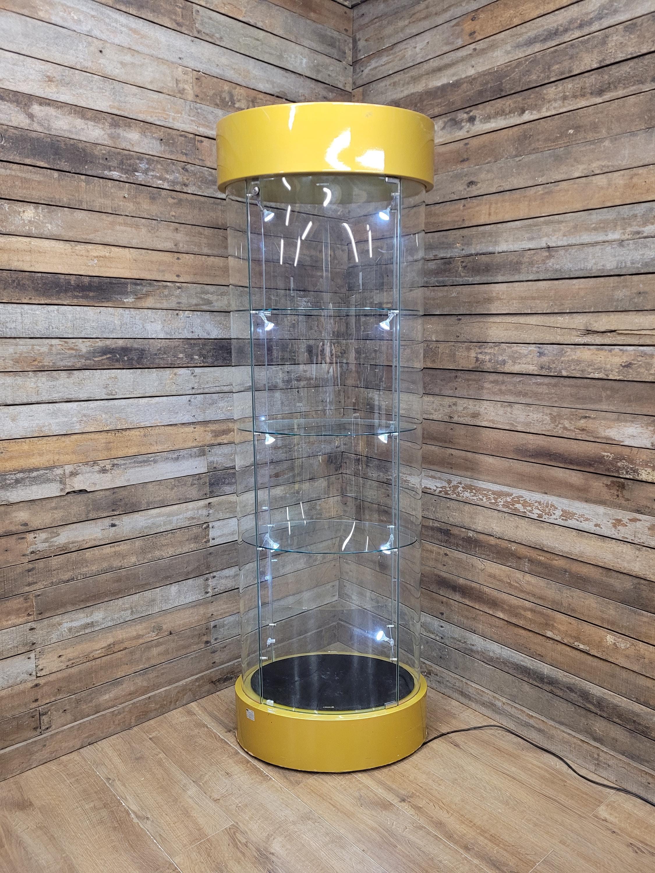 Vintage Glass Display Cabinet Illuminated Curved Lockable On Casters Yellow