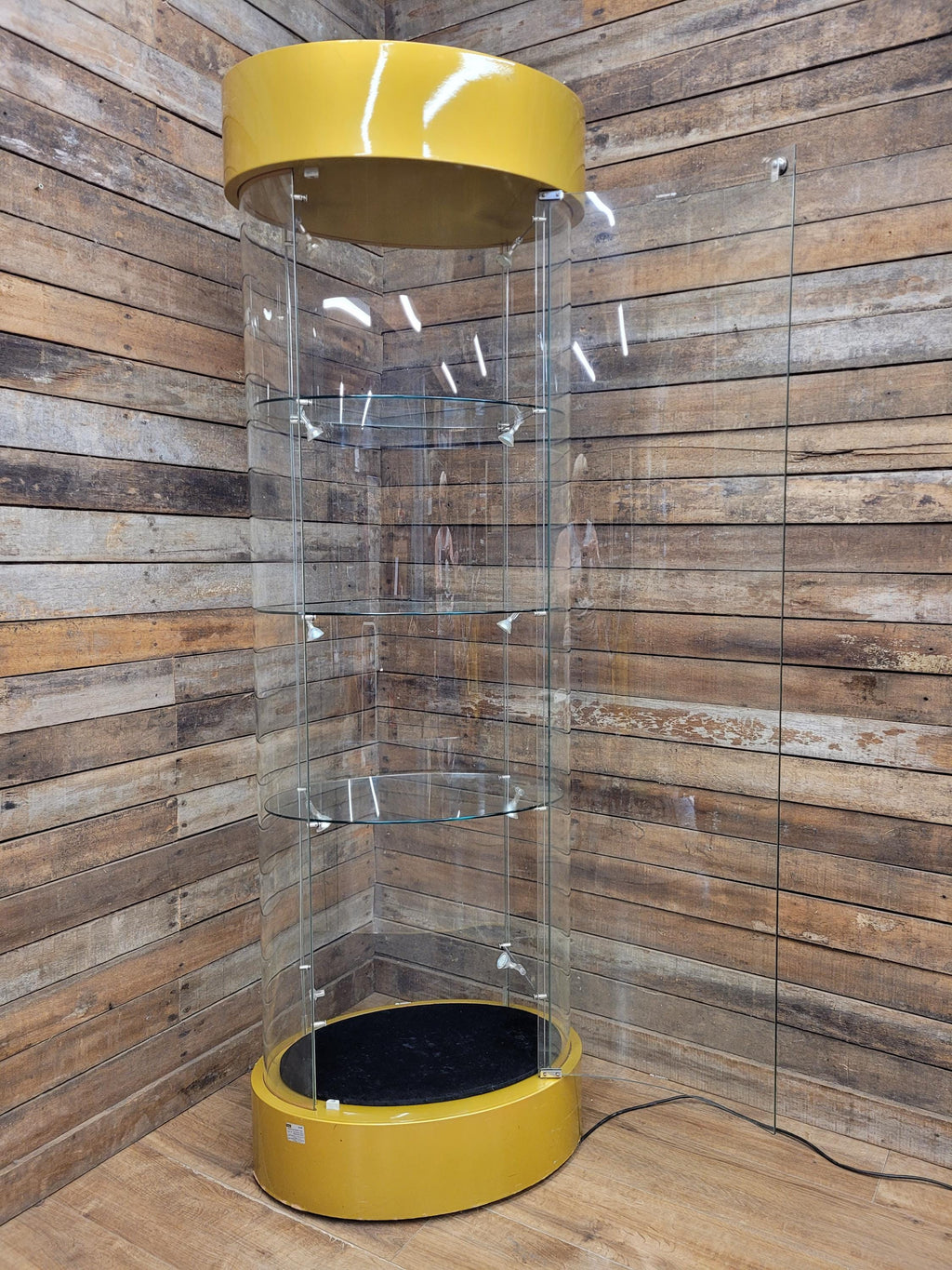 Vintage Glass Display Cabinet Illuminated Curved Lockable On Casters Yellow