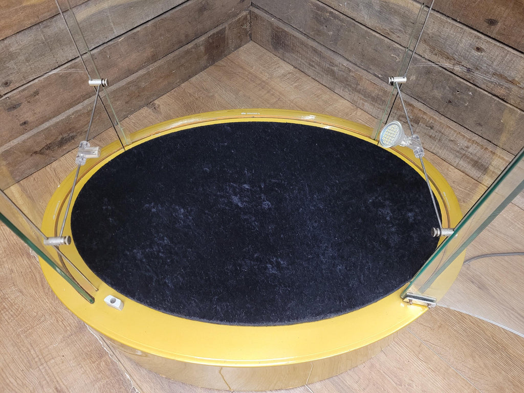 Vintage Glass Display Cabinet Illuminated Curved Lockable On Casters Yellow