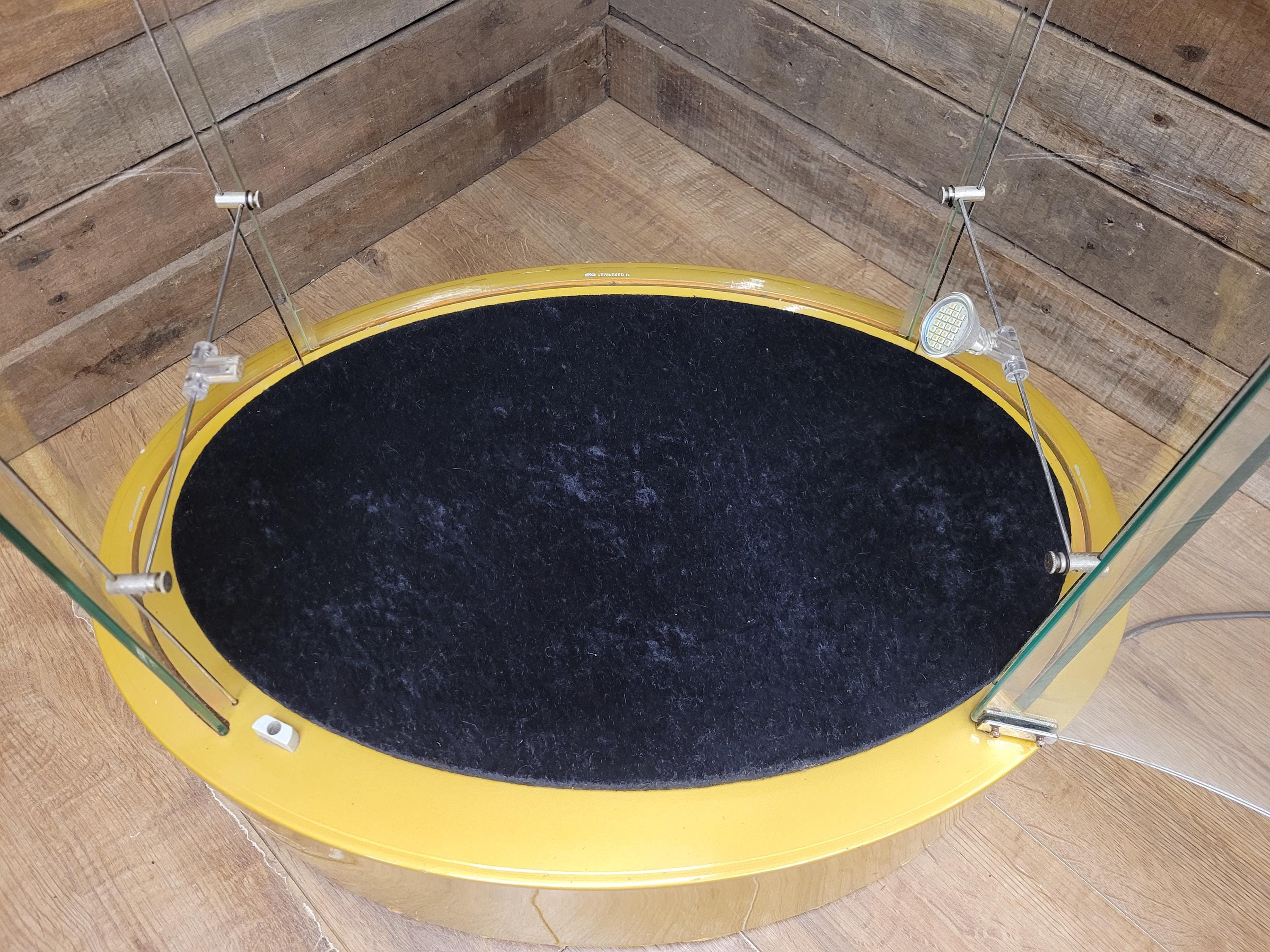 Vintage Glass Display Cabinet Illuminated Curved Lockable On Casters Yellow