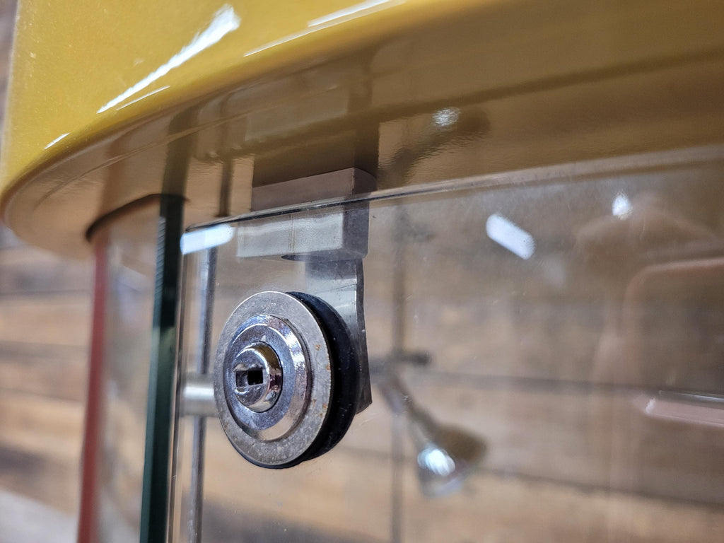 Vintage Glass Display Cabinet Illuminated Curved Lockable On Casters Yellow