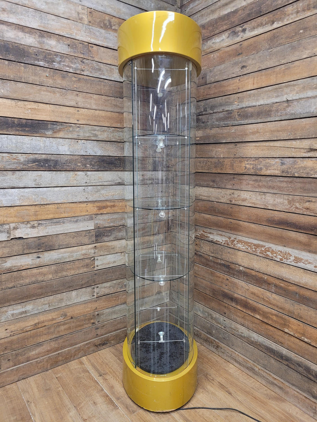 Vintage Glass Display Cabinet Illuminated Curved Lockable On Casters Yellow