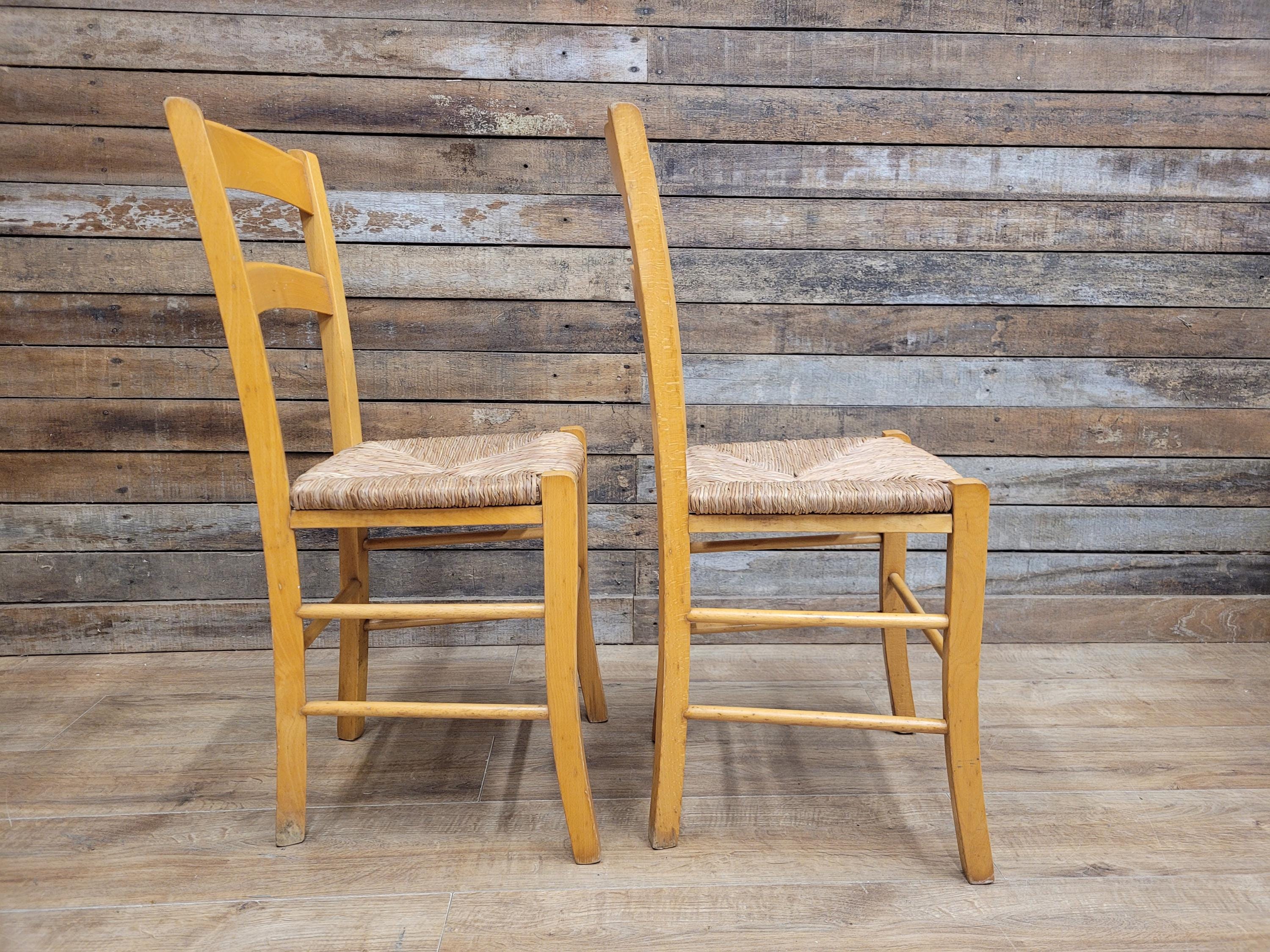 Pair Chairs Beech Country Ladder Back Rush Seat Rustic Country House Style