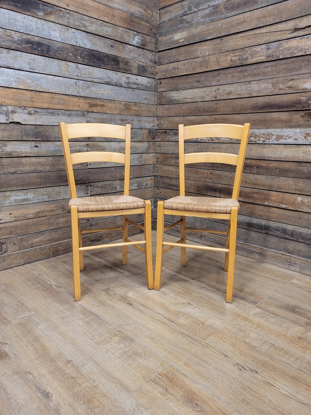 Pair Chairs Beech Country Ladder Back Rush Seat Rustic Country House Style