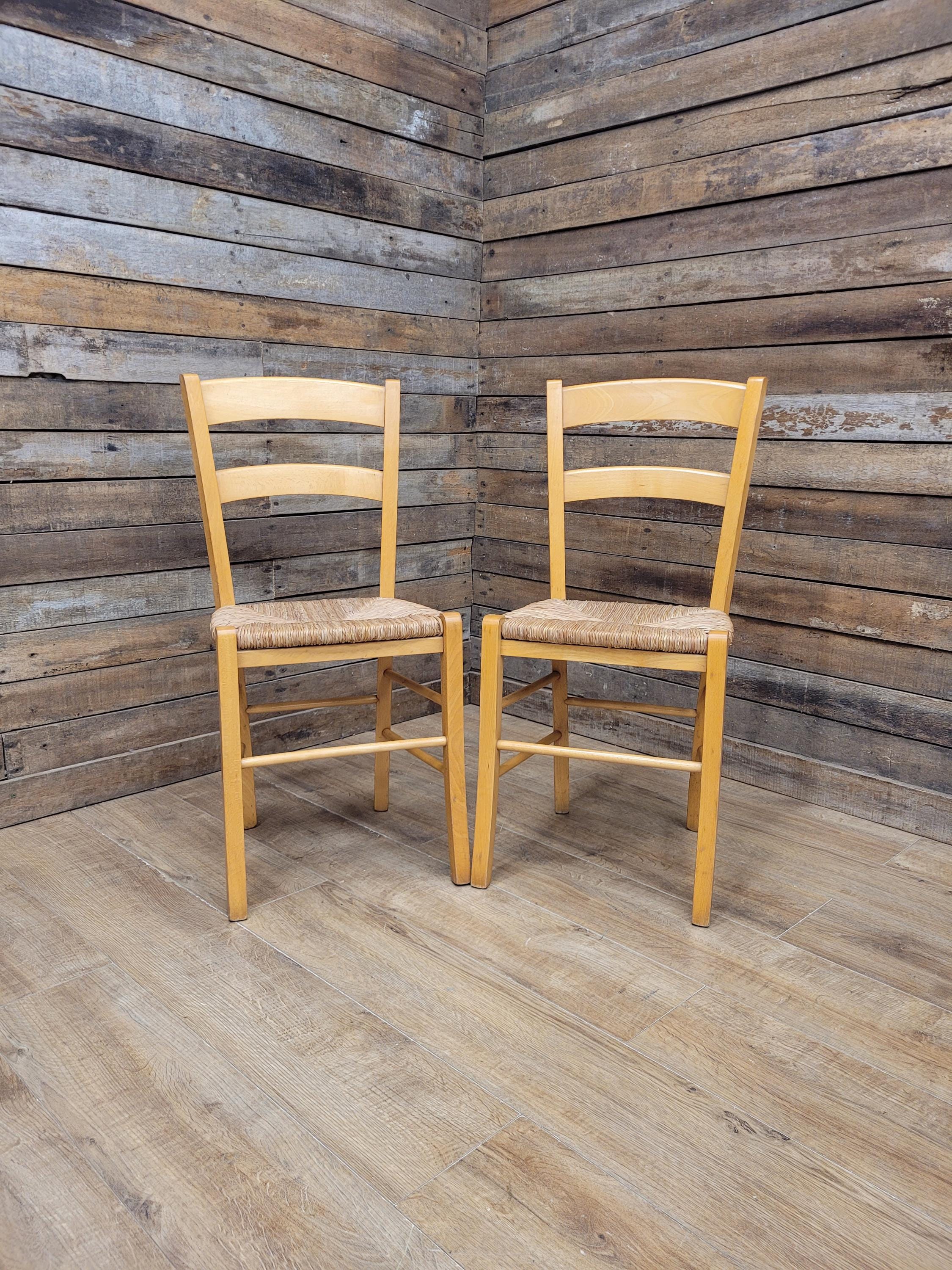 Pair Chairs Beech Country Ladder Back Rush Seat Rustic Country House Style