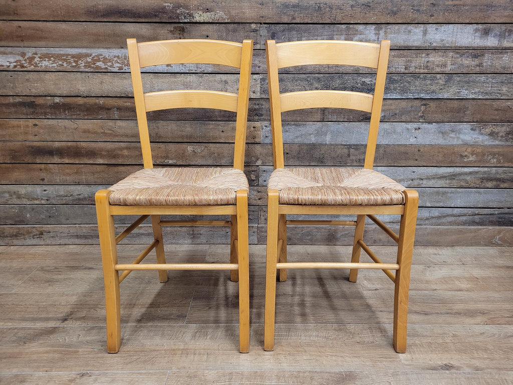 Pair Chairs Beech Country Ladder Back Rush Seat Rustic Country House Style