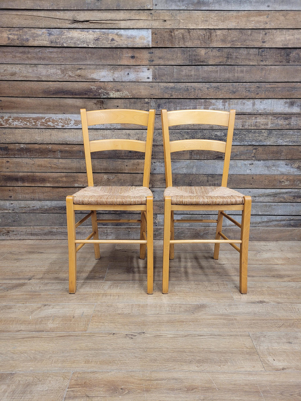 Pair Chairs Beech Country Ladder Back Rush Seat Rustic Country House Style