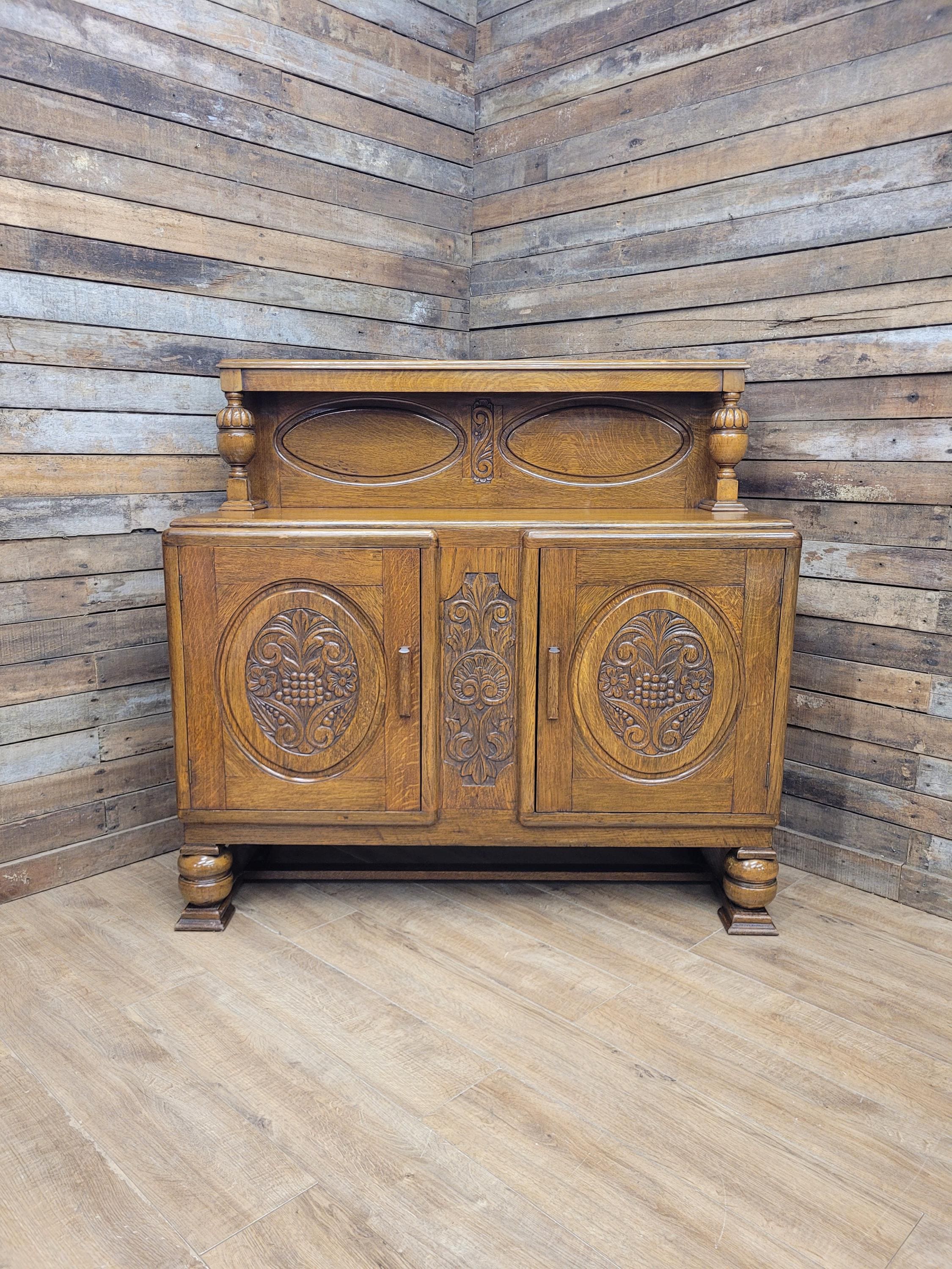 Vintage Sideboard Oak Jacobean Revival Carved Two Door Drinks Cabinet