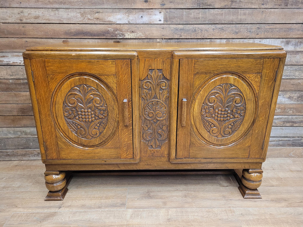 Vintage Sideboard Oak Jacobean Revival Carved Two Door Drinks Cabinet