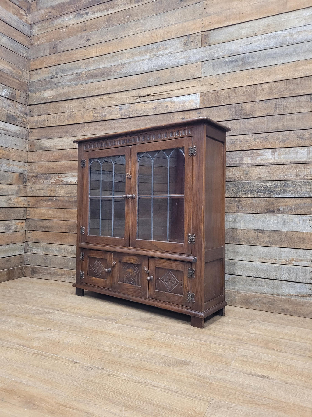 Bevan Funnell Display Cabinet Oak Reprodux Leaded Glass Vintage
