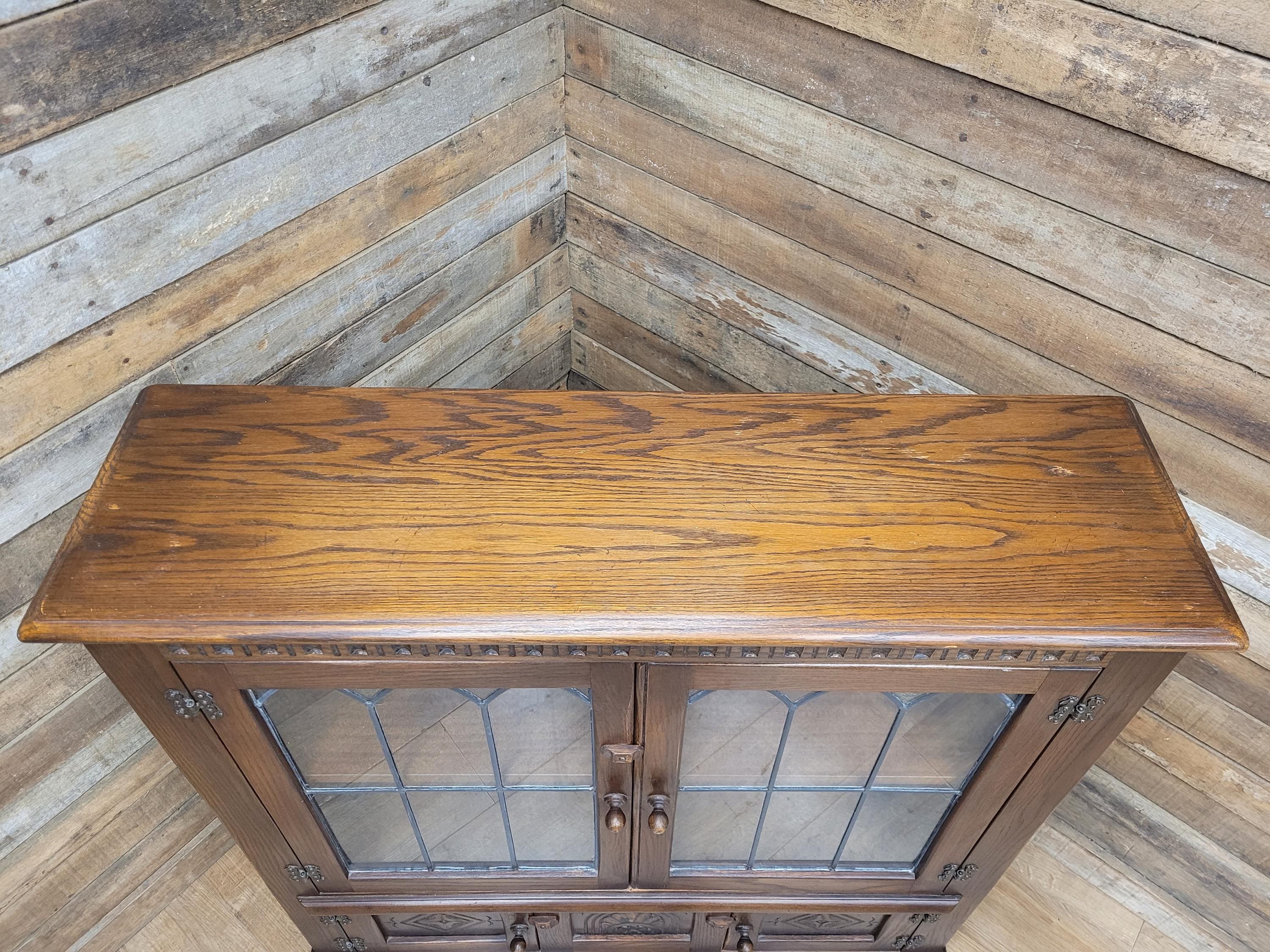 Bevan Funnell Display Cabinet Oak Reprodux Leaded Glass Vintage