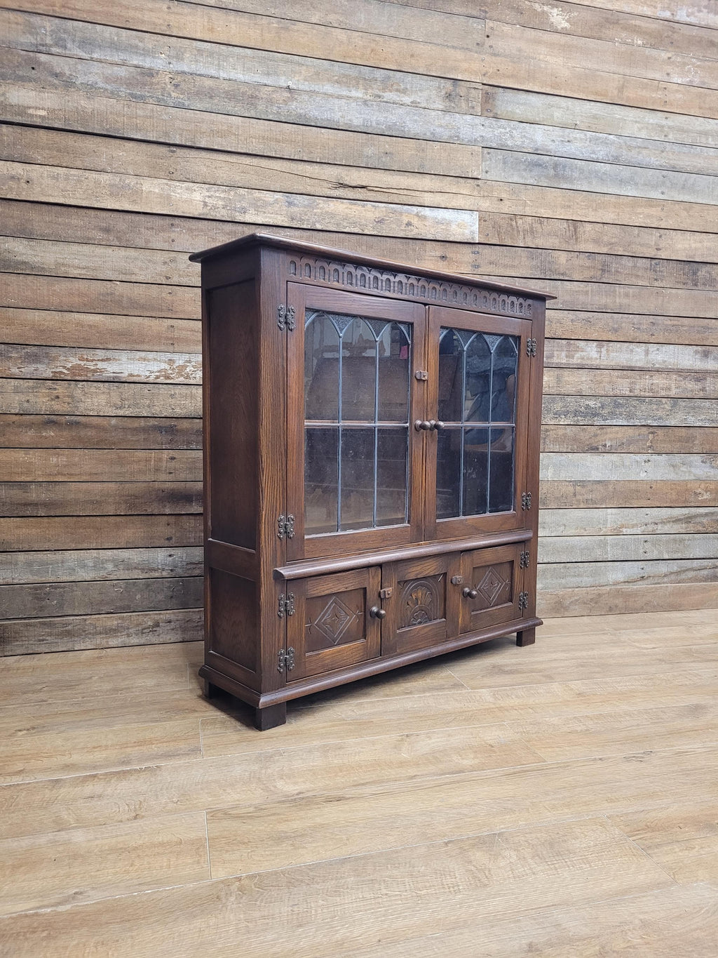 Bevan Funnell Display Cabinet Oak Reprodux Leaded Glass Vintage