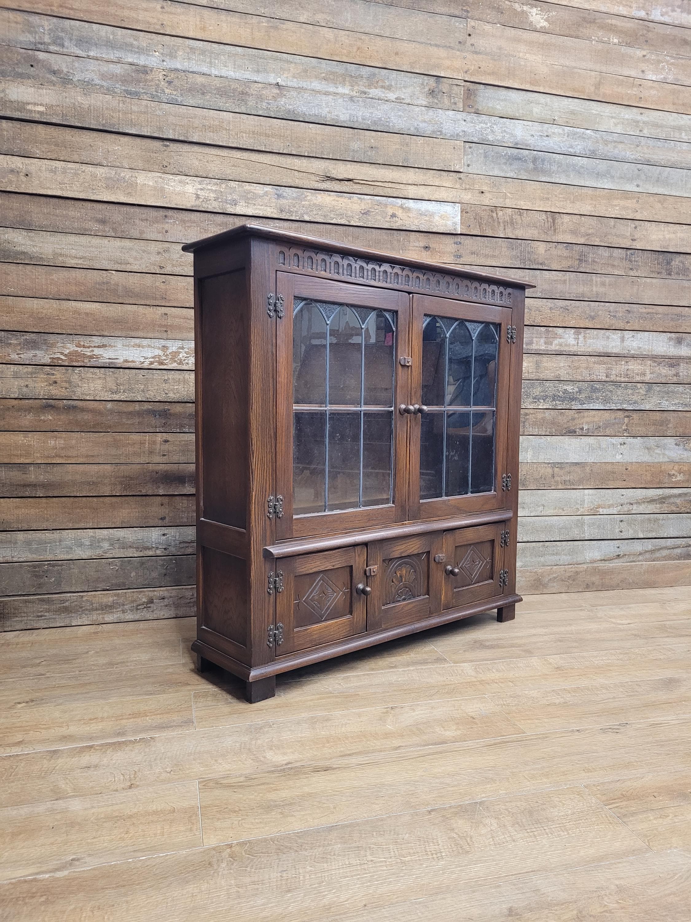 Bevan Funnell Display Cabinet Oak Reprodux Leaded Glass Vintage