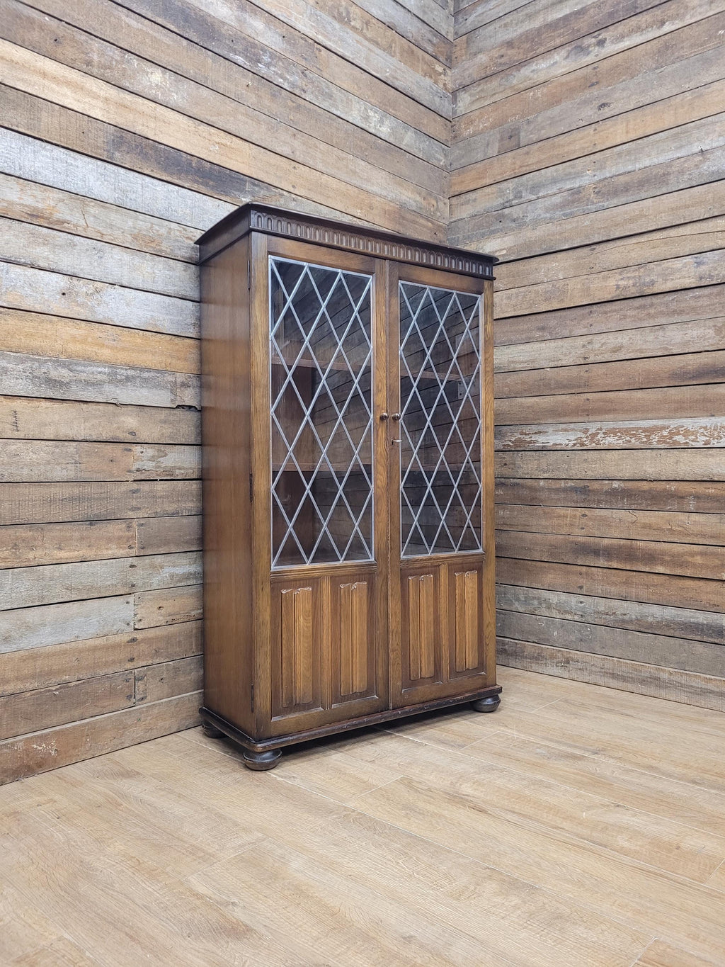 Oak Glazed Bookcase Leaded Glass Jacobean Revival Linen Fold Cabinet