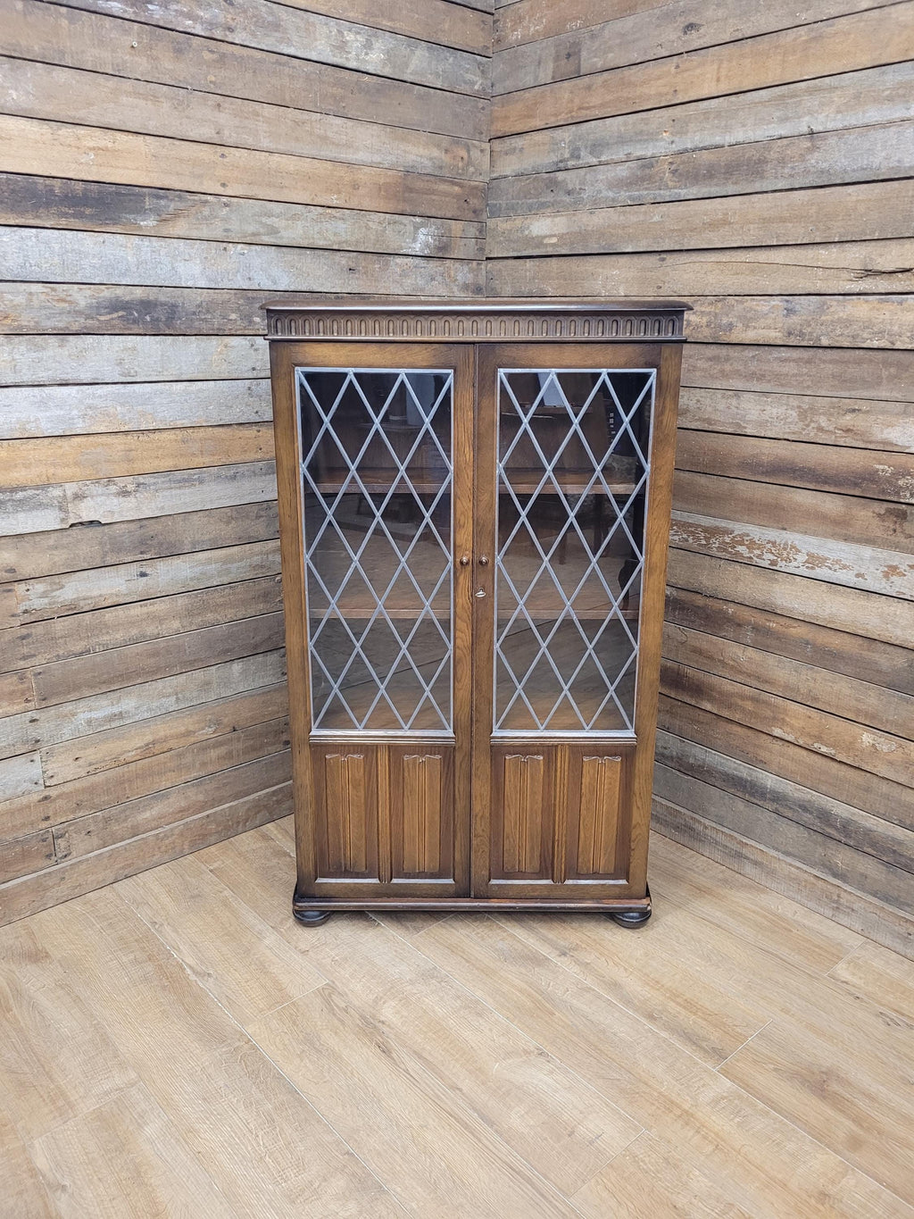 Oak Glazed Bookcase Leaded Glass Jacobean Revival Linen Fold Cabinet