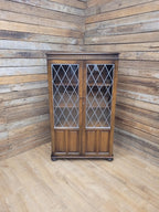 Oak Glazed Bookcase Leaded Glass Jacobean Revival Linen Fold Cabinet