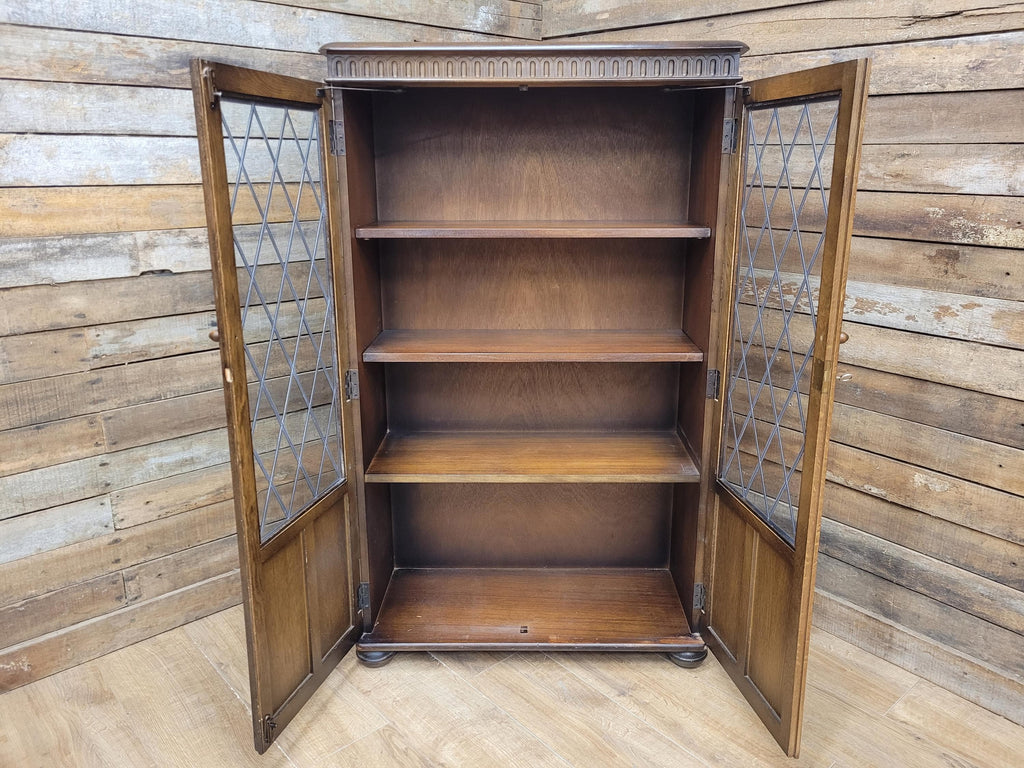 Oak Glazed Bookcase Leaded Glass Jacobean Revival Linen Fold Cabinet