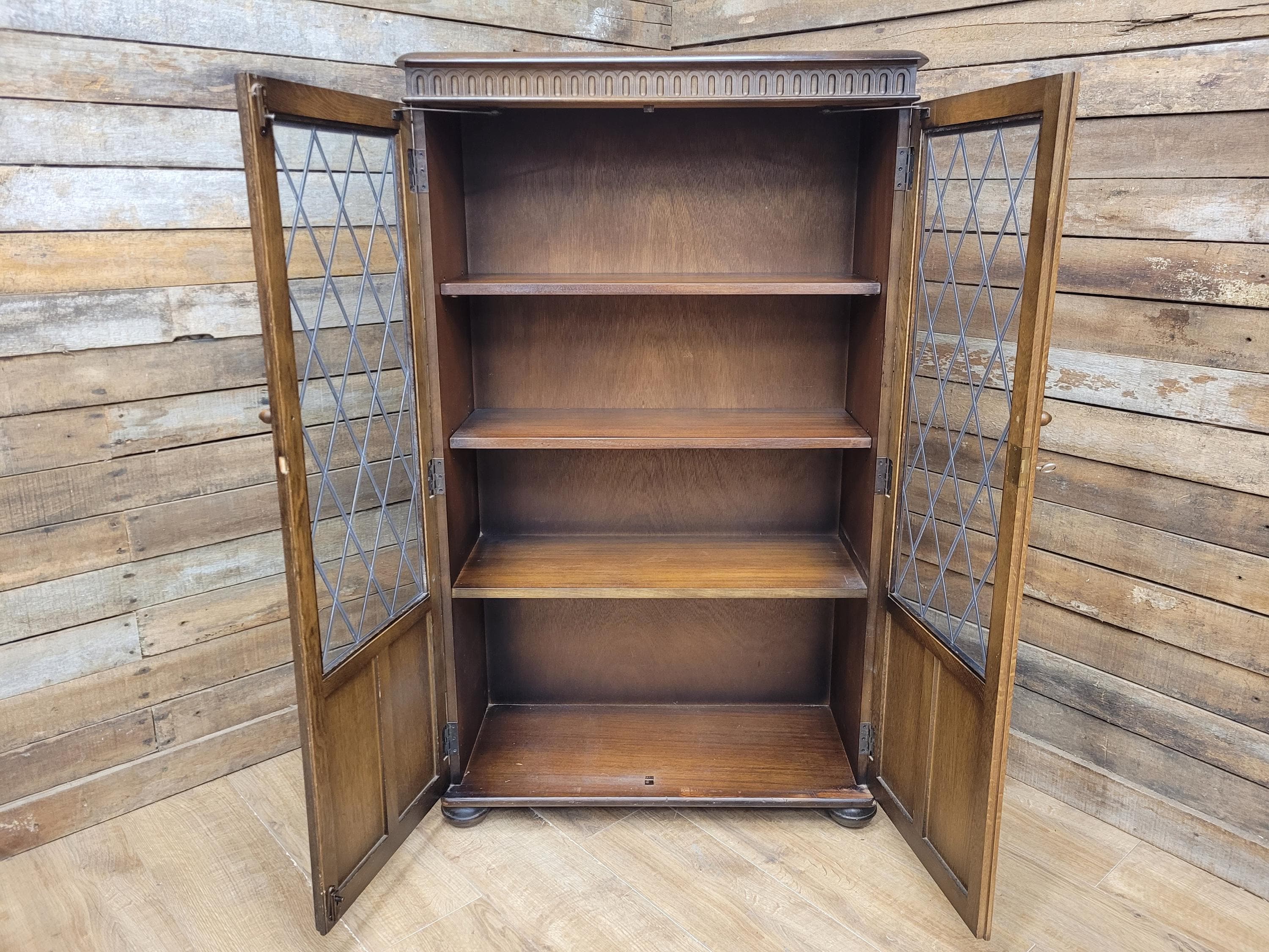 Oak Glazed Bookcase Leaded Glass Jacobean Revival Linen Fold Cabinet