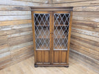 Oak Glazed Bookcase Leaded Glass Jacobean Revival Linen Fold Cabinet