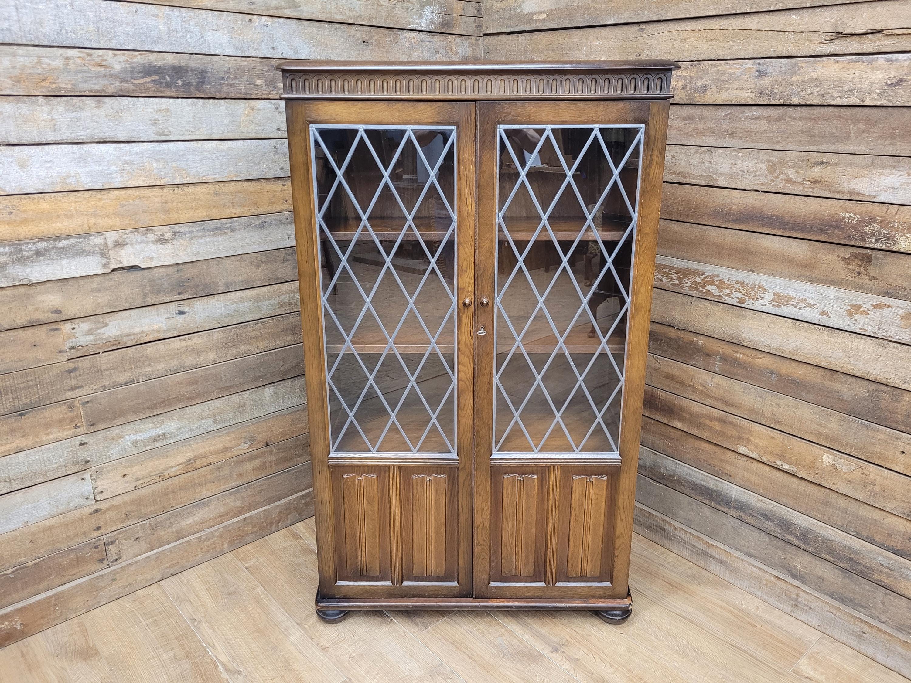Oak Glazed Bookcase Leaded Glass Jacobean Revival Linen Fold Cabinet