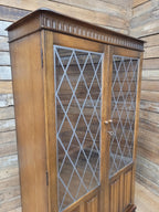 Oak Glazed Bookcase Leaded Glass Jacobean Revival Linen Fold Cabinet