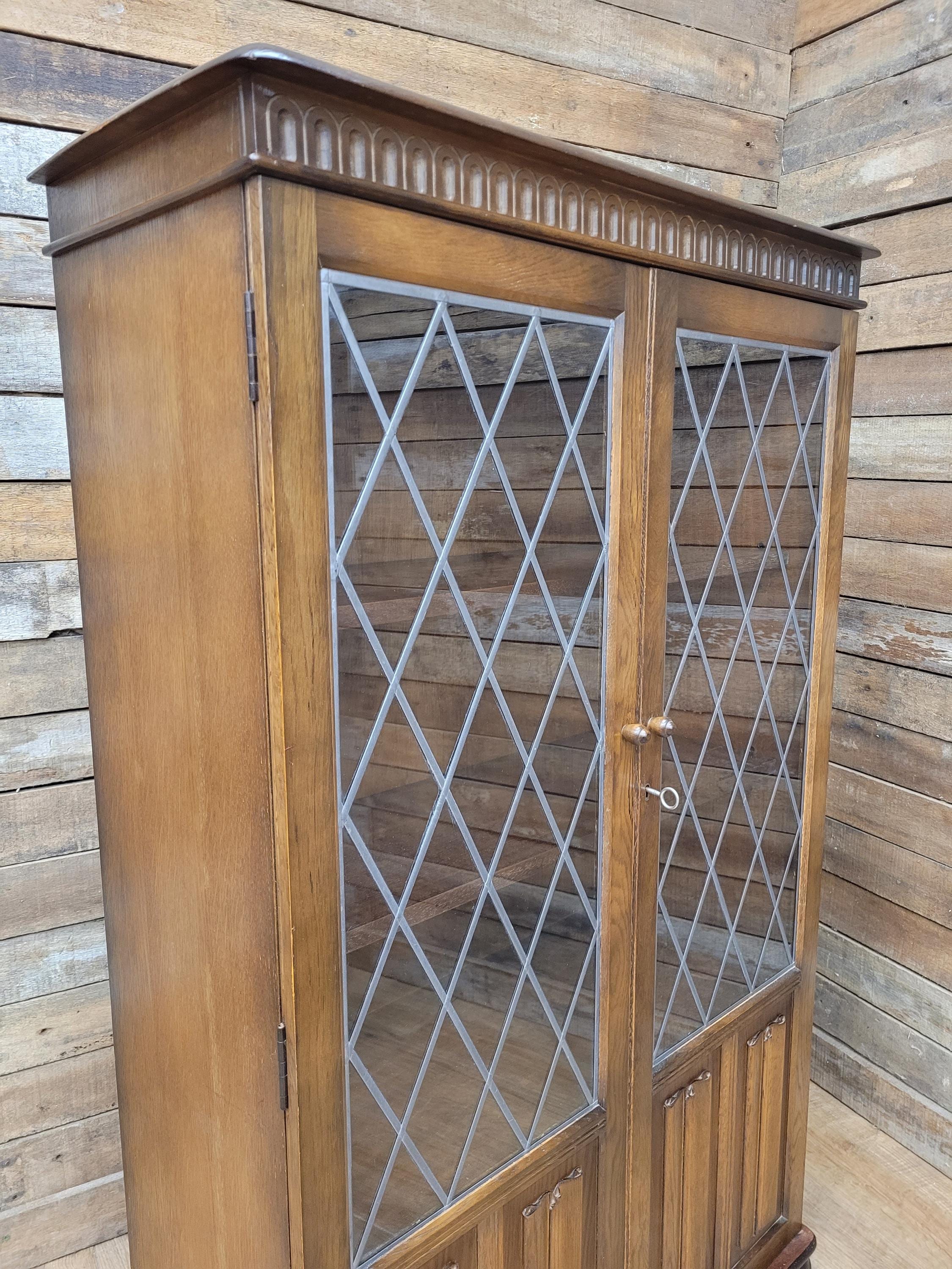 Oak Glazed Bookcase Leaded Glass Jacobean Revival Linen Fold Cabinet