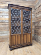 Oak Glazed Bookcase Leaded Glass Jacobean Revival Linen Fold Cabinet