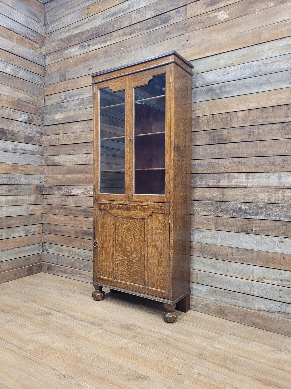 Oak Bookcase Display Cabinet Edwardian Glazed Adjustable Shelves Cupboard