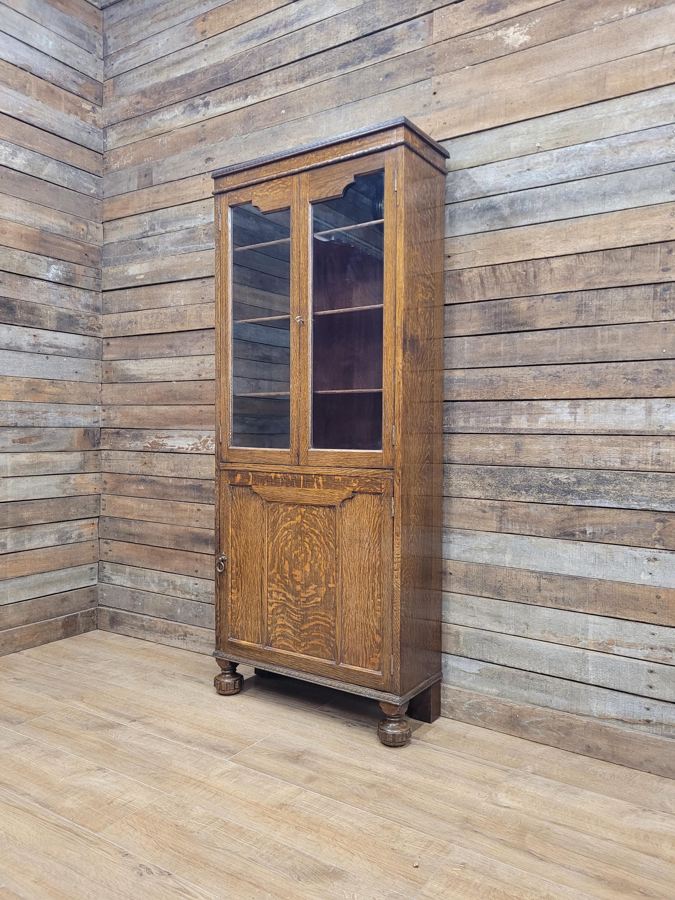 Oak Bookcase Display Cabinet Edwardian Glazed Adjustable Shelves Cupboard