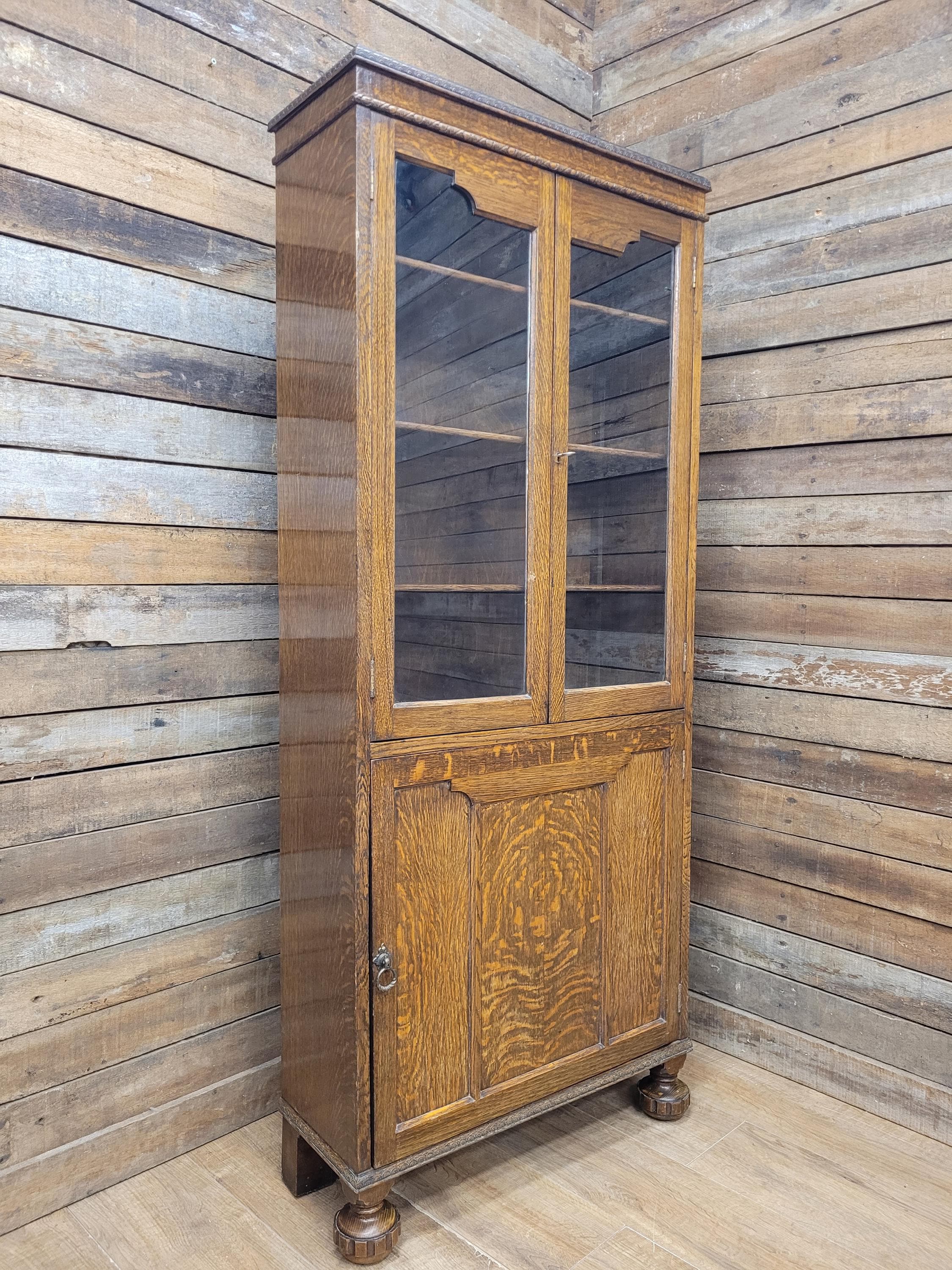 Oak Bookcase Display Cabinet Edwardian Glazed Adjustable Shelves Cupboard
