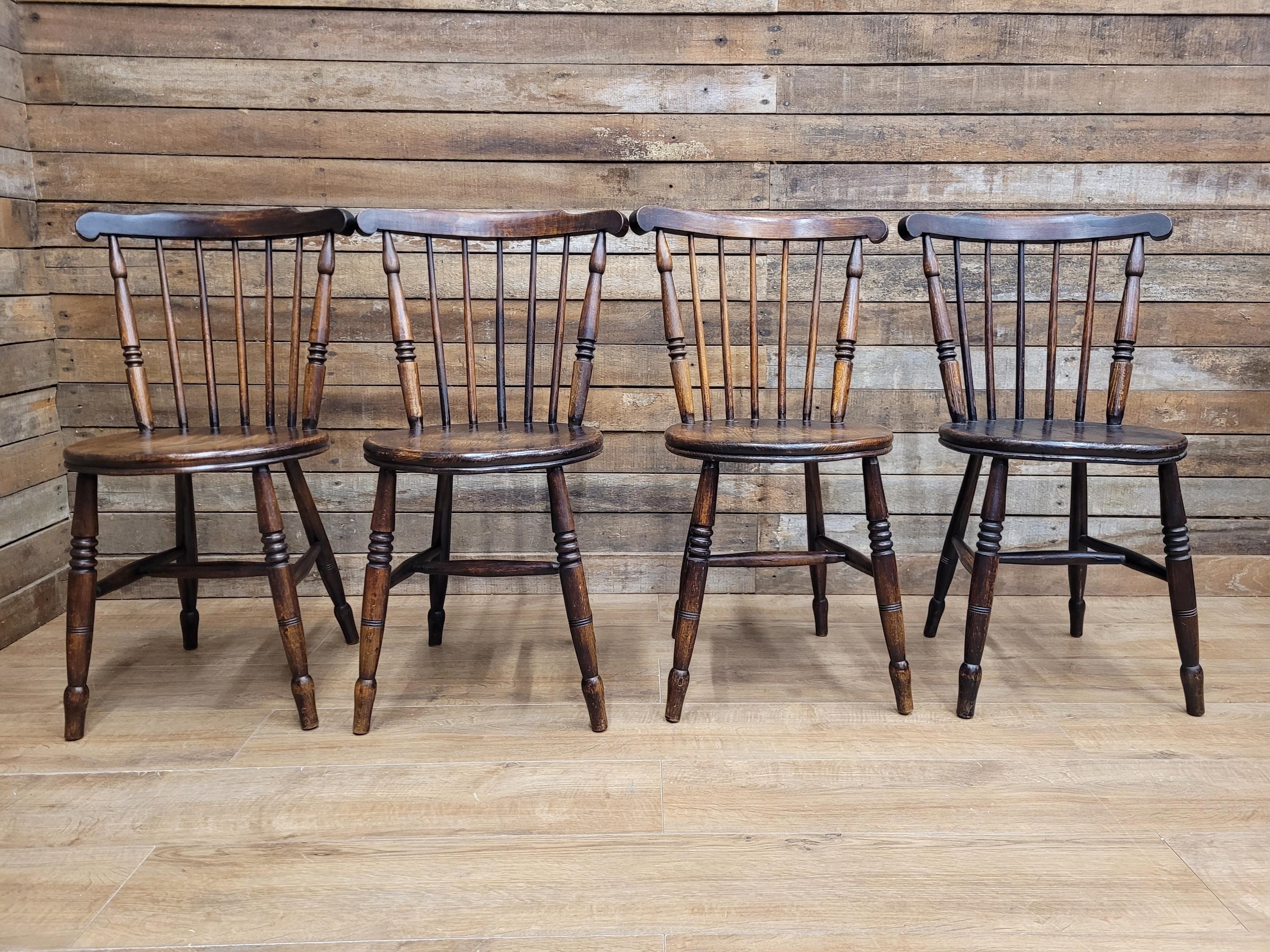 Four Victorian Elm Penny Seat Windsor Dining Chairs