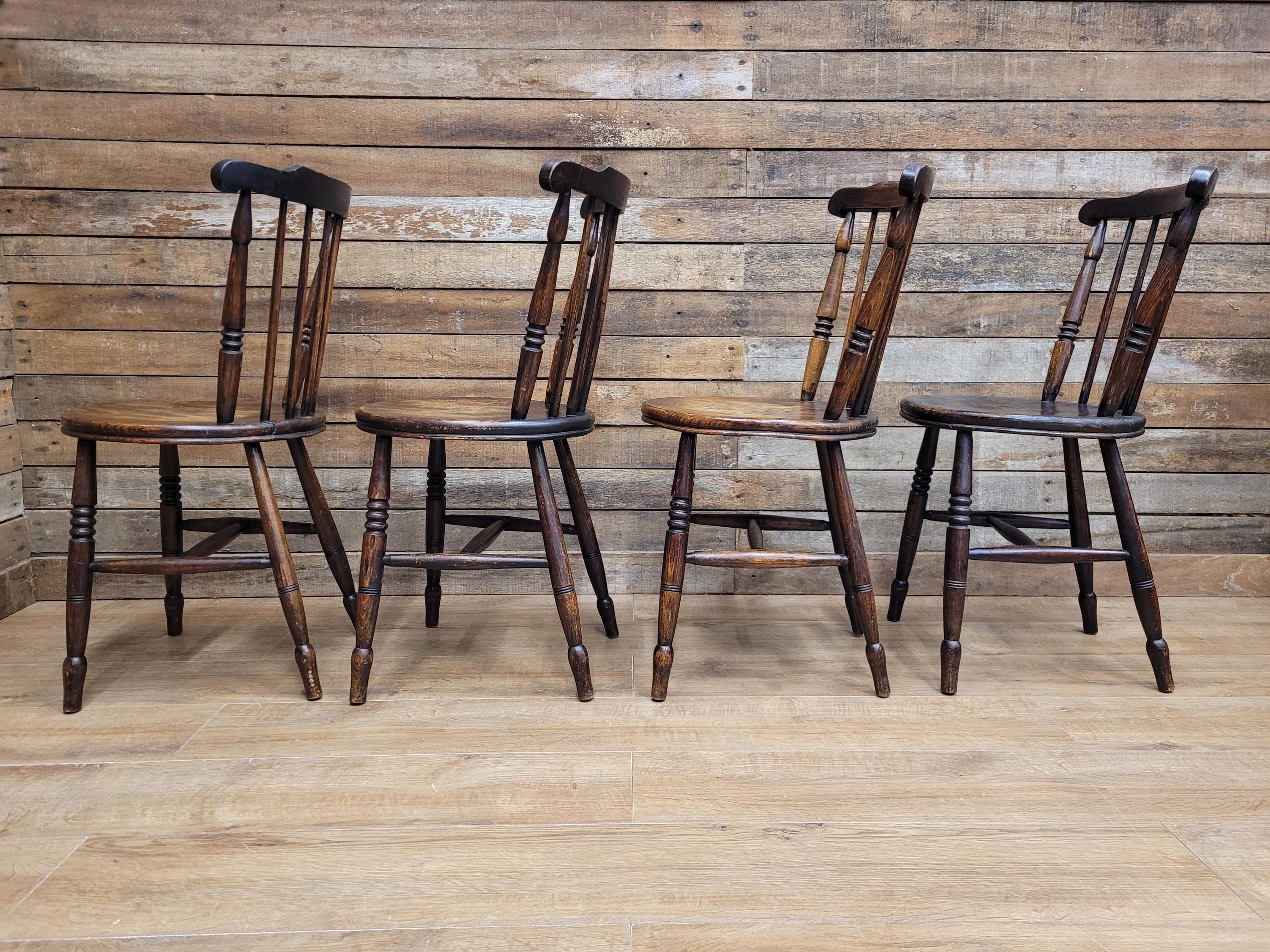 Four Victorian Elm Penny Seat Windsor Dining Chairs