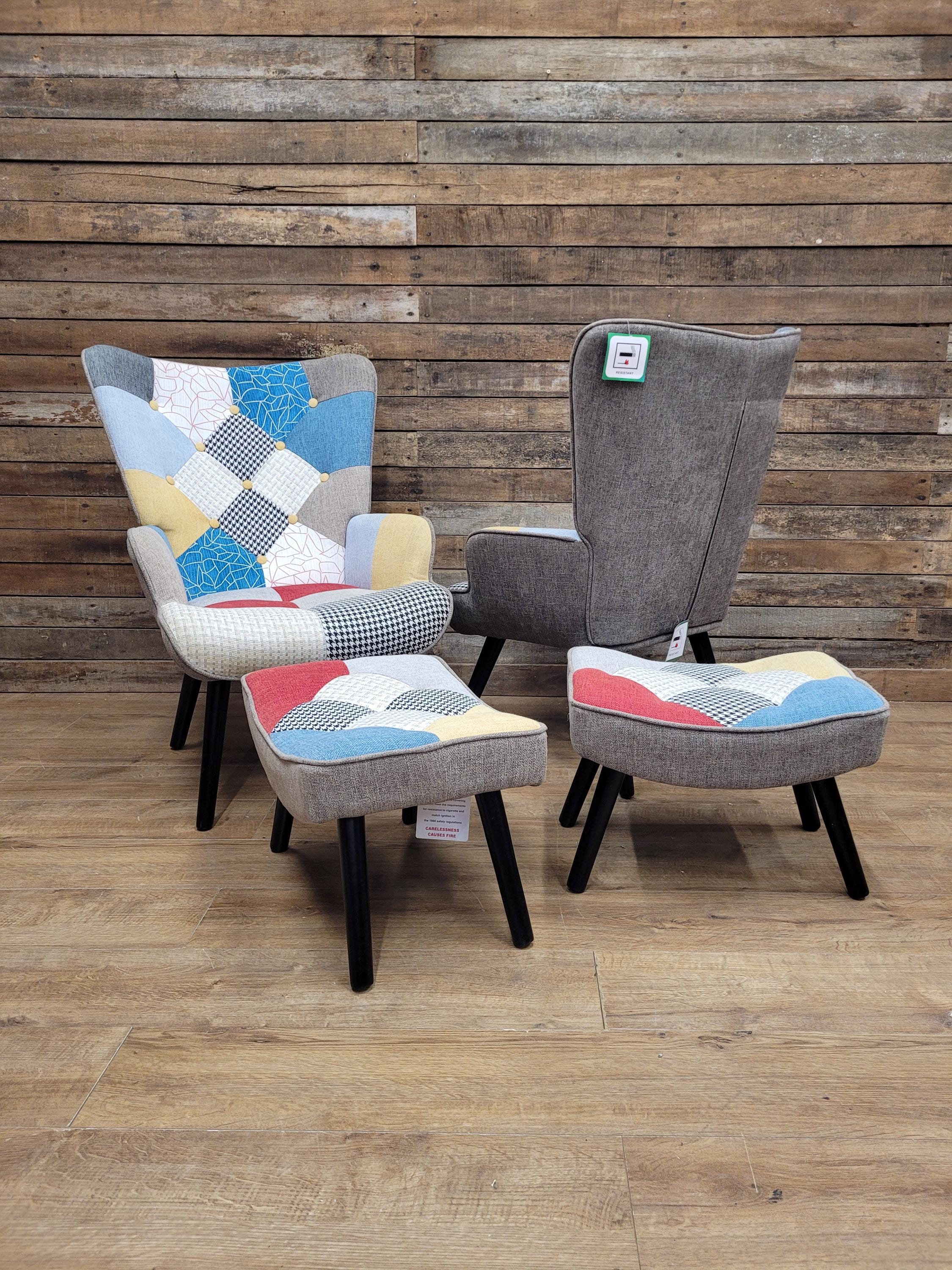 Pair Patchwork Fabric Wingback Armchairs With Matching Footstools Accent Chairs