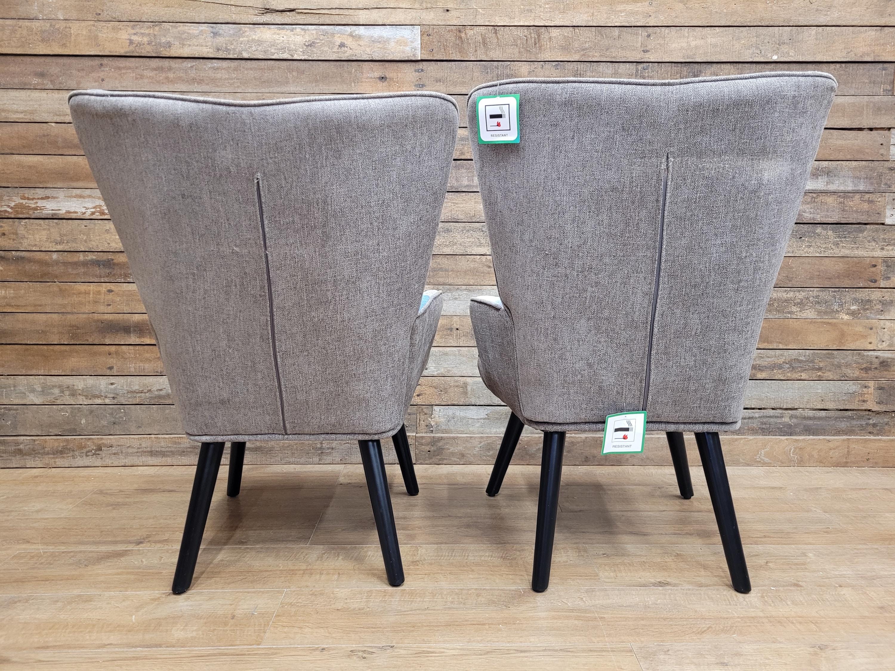 Pair Patchwork Fabric Wingback Armchairs With Matching Footstools Accent Chairs