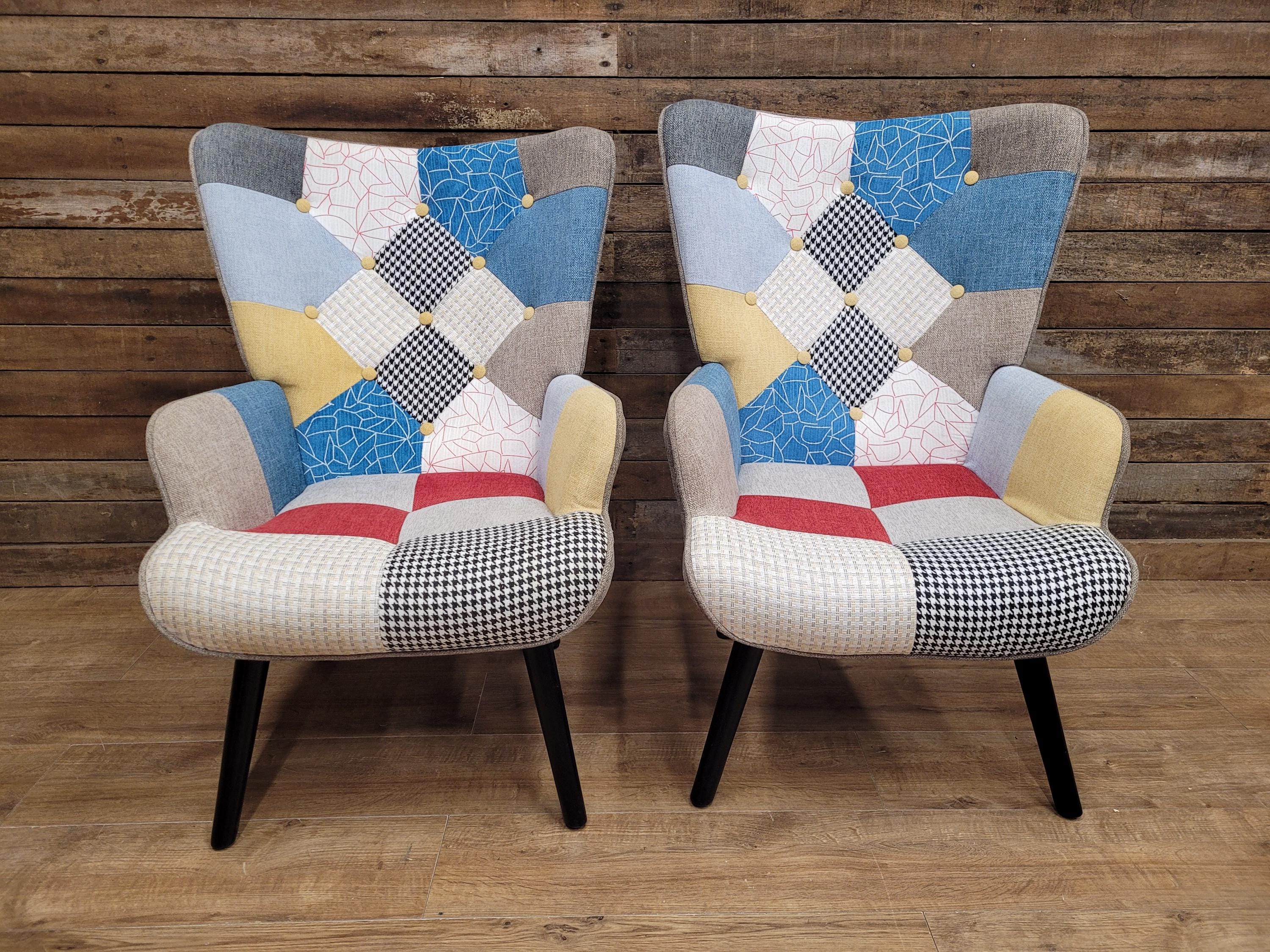 Pair Patchwork Fabric Wingback Armchairs With Matching Footstools Accent Chairs