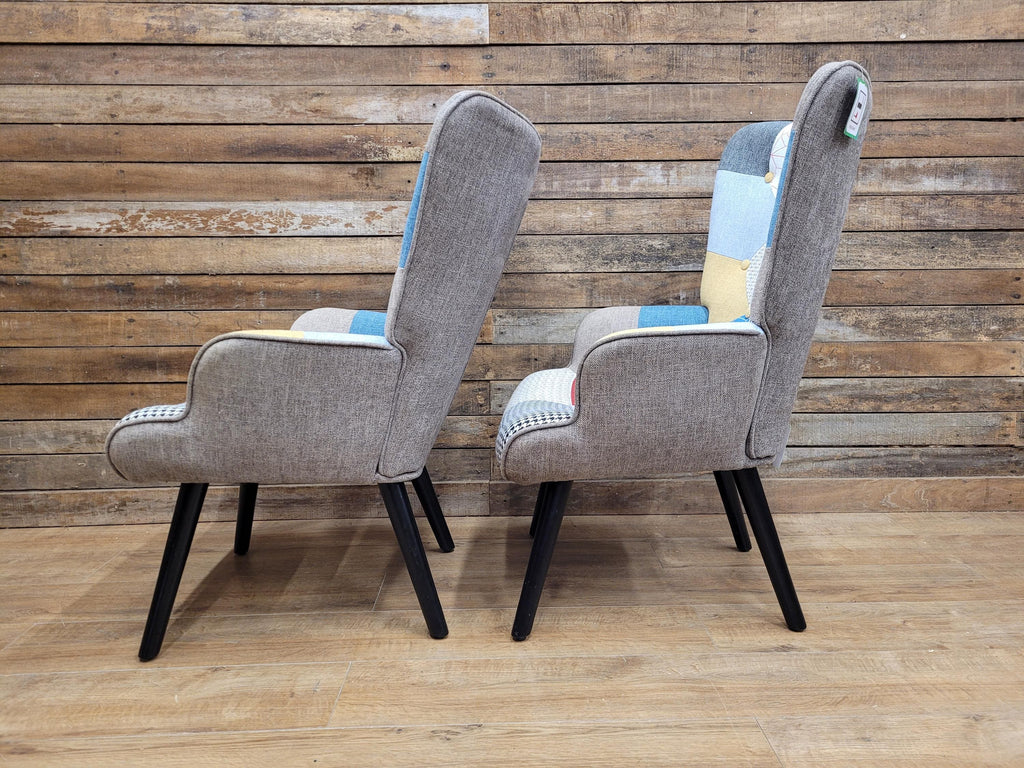 Pair Patchwork Fabric Wingback Armchairs With Matching Footstools Accent Chairs