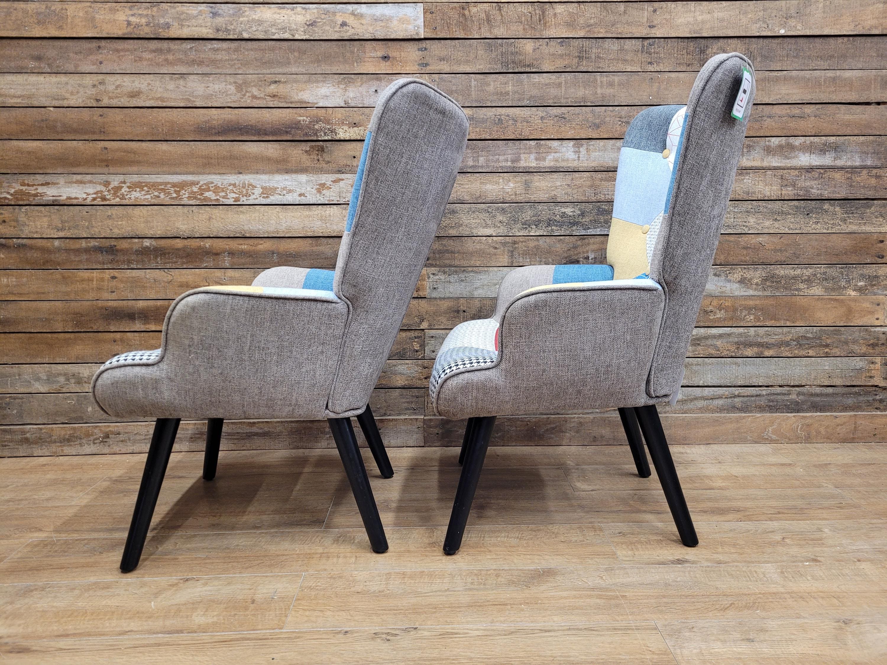 Pair Patchwork Fabric Wingback Armchairs With Matching Footstools Accent Chairs