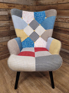 Pair Patchwork Fabric Wingback Armchairs With Matching Footstools Accent Chairs