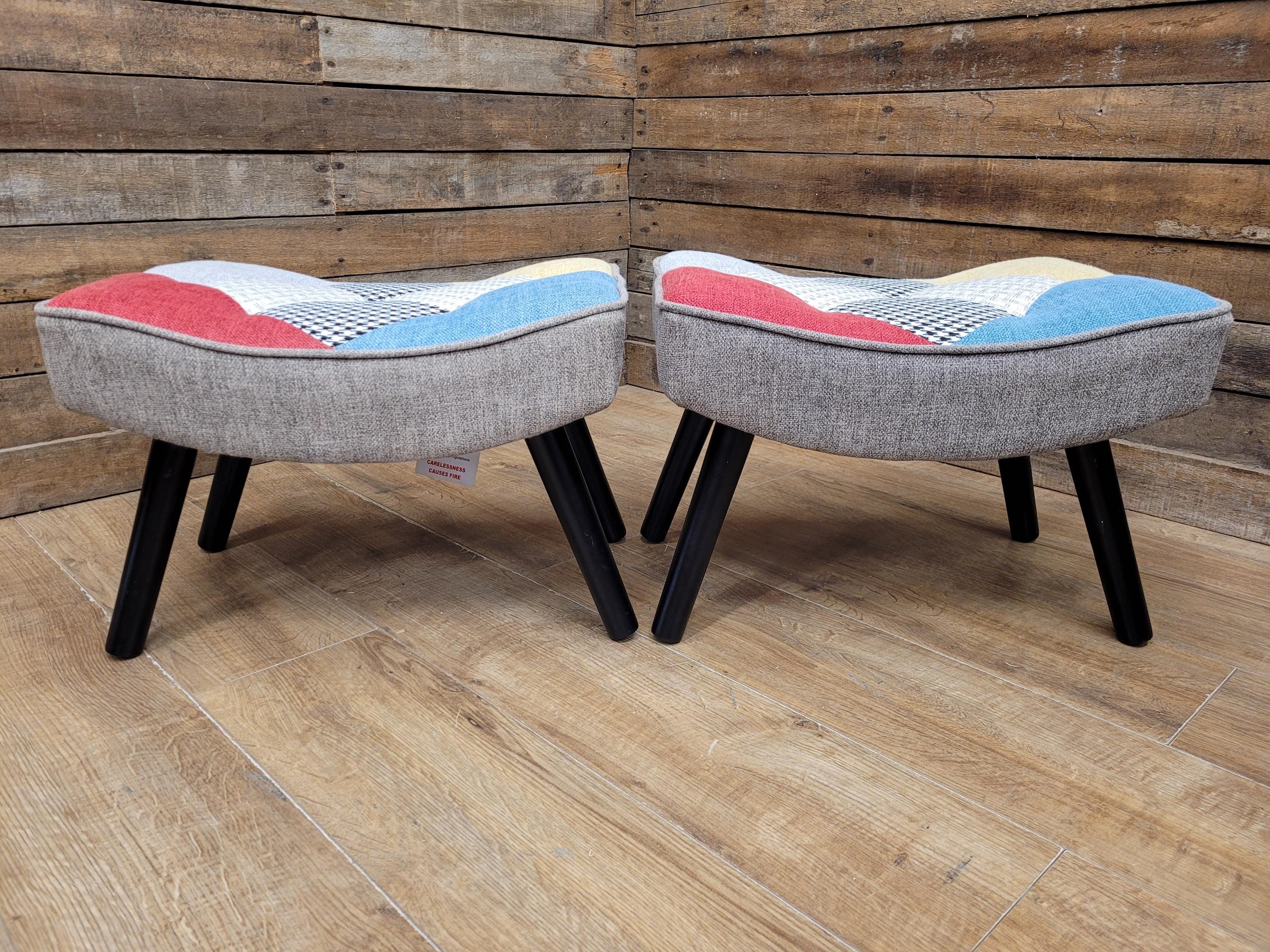 Pair Patchwork Fabric Wingback Armchairs With Matching Footstools Accent Chairs
