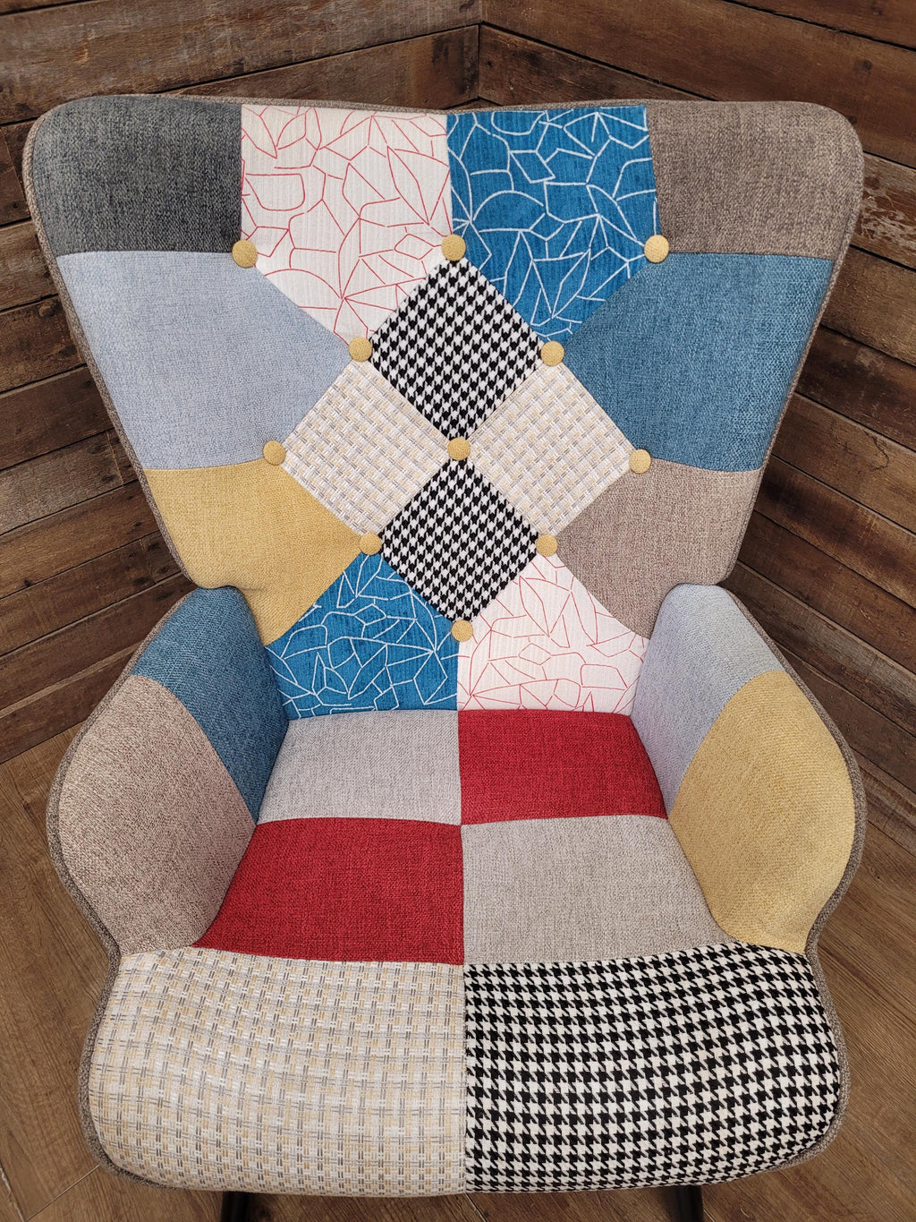 Pair Patchwork Fabric Wingback Armchairs With Matching Footstools Accent Chairs