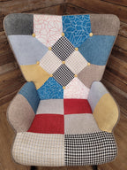 Pair Patchwork Fabric Wingback Armchairs With Matching Footstools Accent Chairs