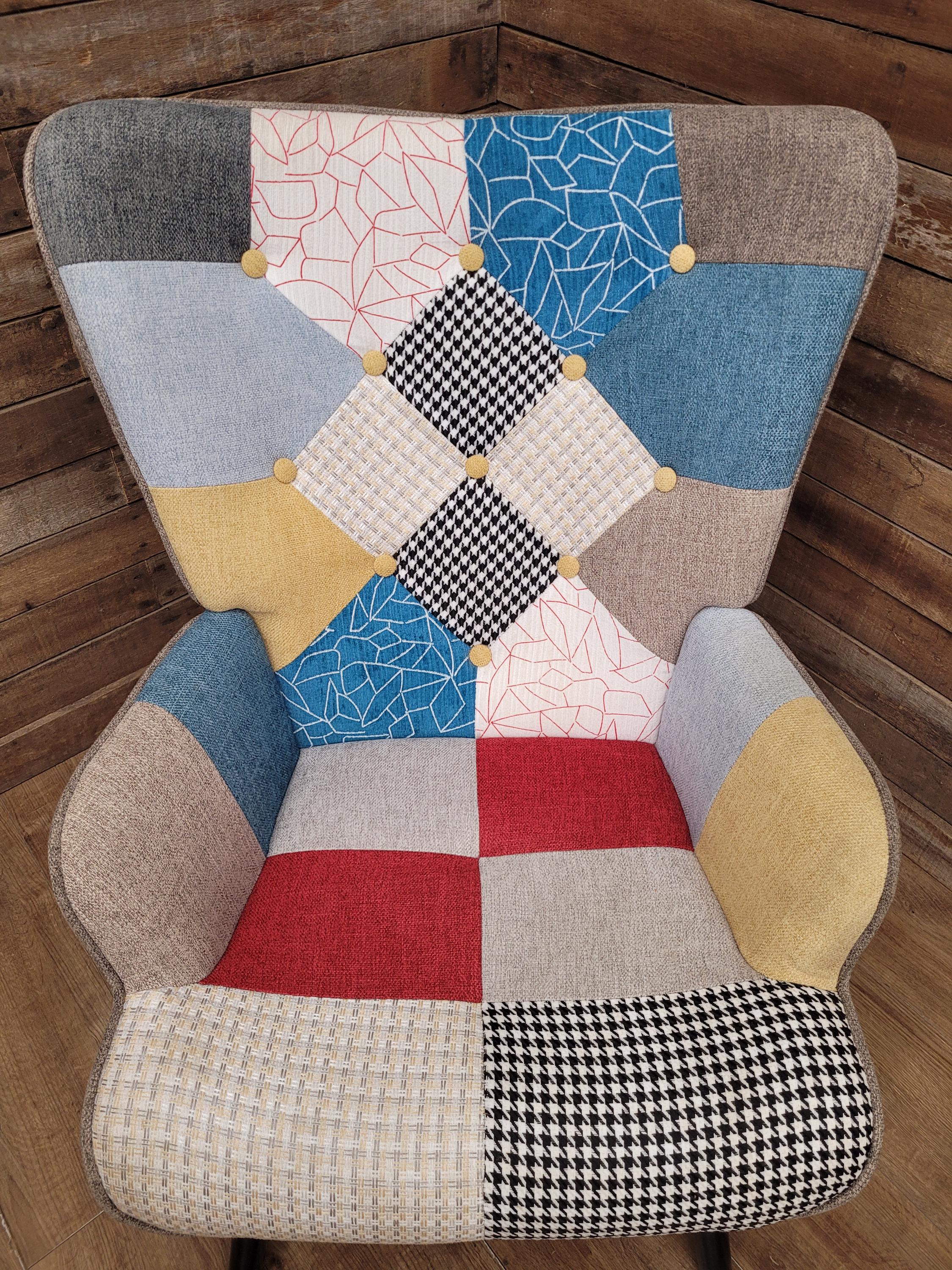 Pair Patchwork Fabric Wingback Armchairs With Matching Footstools Accent Chairs