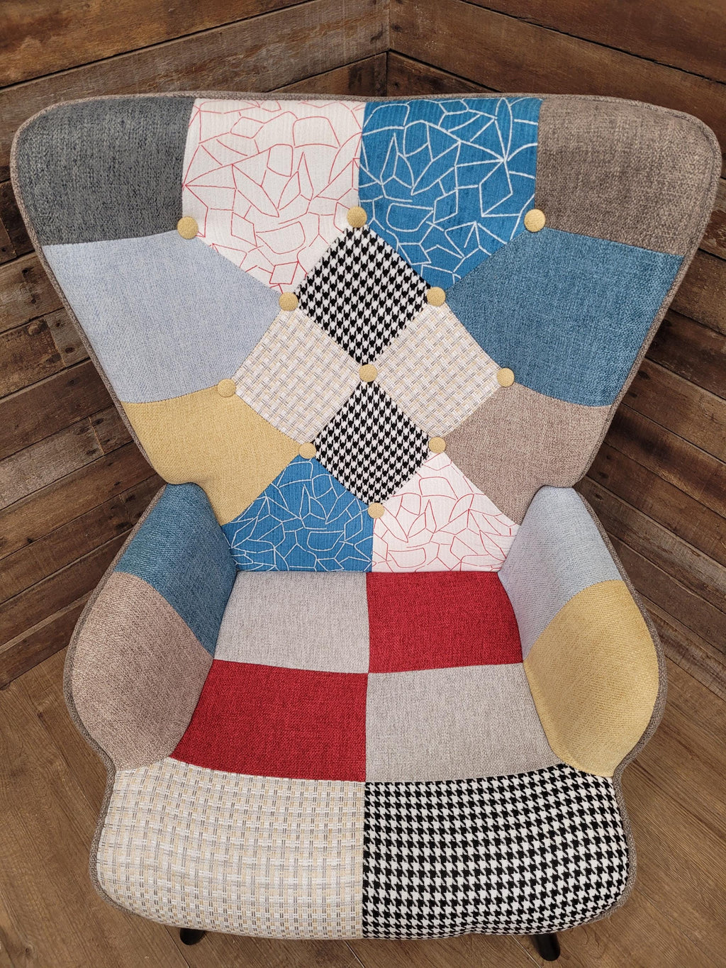 Pair Patchwork Fabric Wingback Armchairs With Matching Footstools Accent Chairs