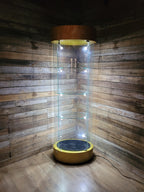 Vintage Glass Display Cabinet Illuminated Curved Lockable On Casters Yellow