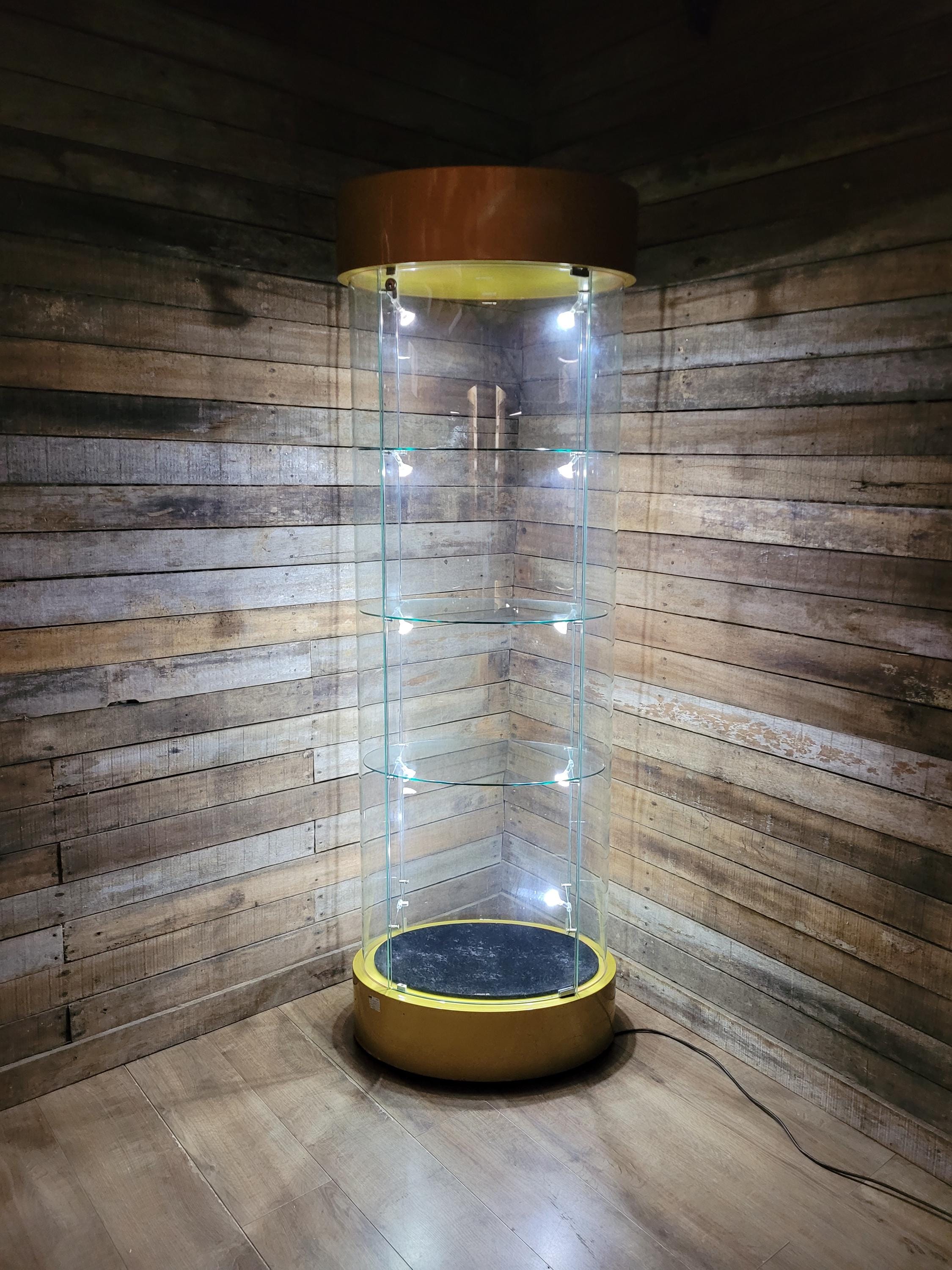 Vintage Glass Display Cabinet Illuminated Curved Lockable On Casters Yellow