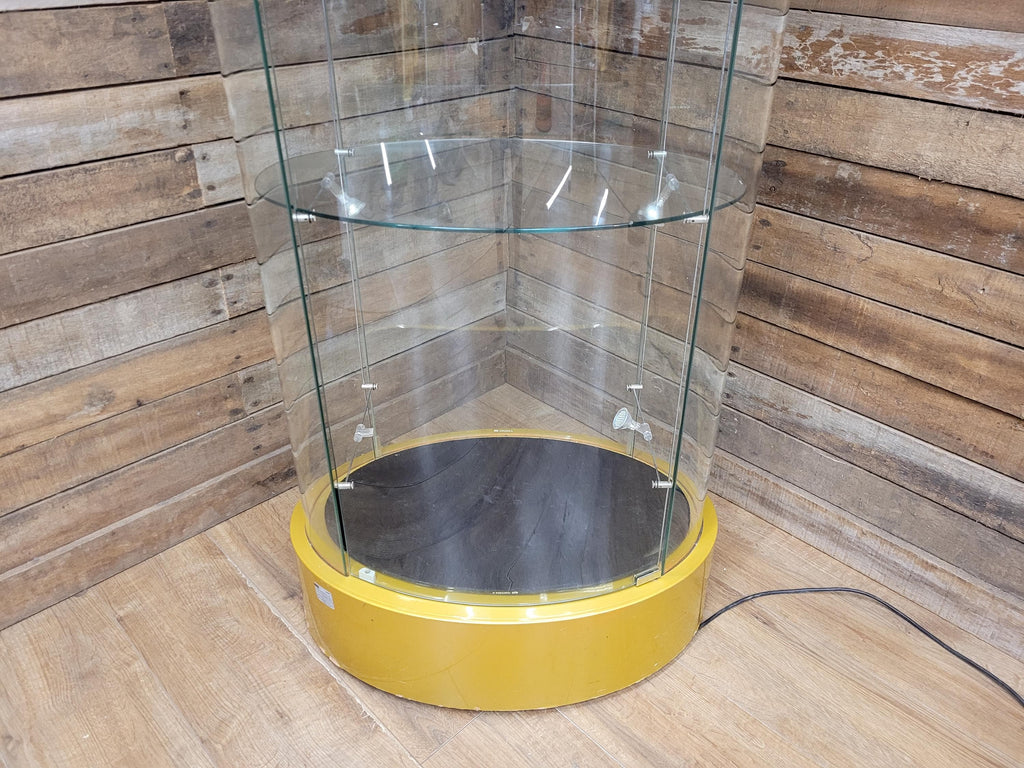 Vintage Glass Display Cabinet Illuminated Curved Lockable On Casters Yellow