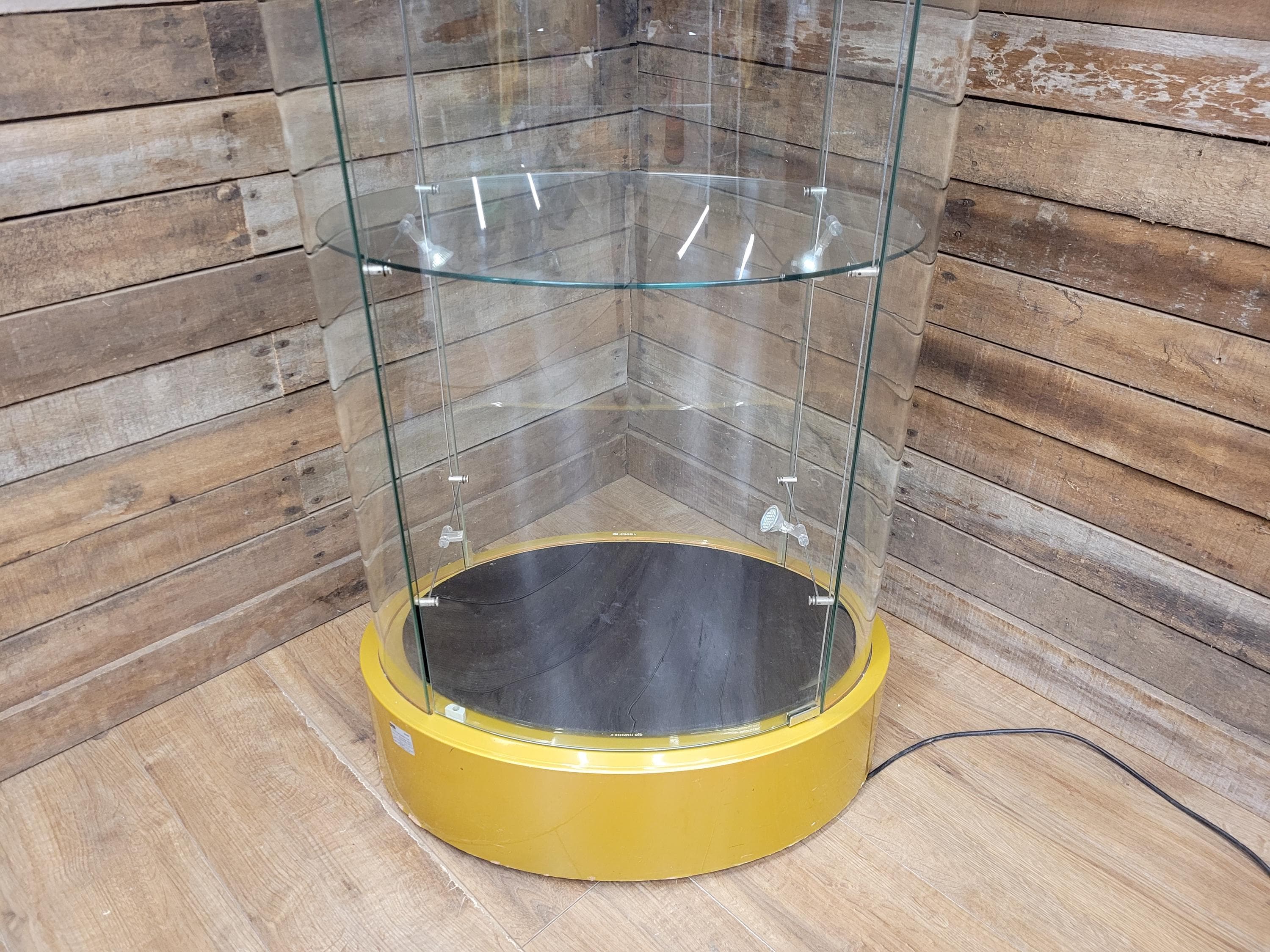Vintage Glass Display Cabinet Illuminated Curved Lockable On Casters Yellow