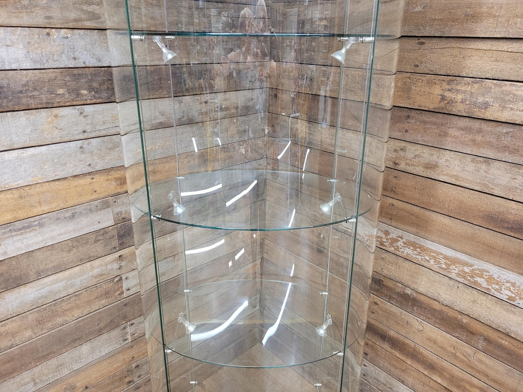 Vintage Glass Display Cabinet Illuminated Curved Lockable On Casters Yellow